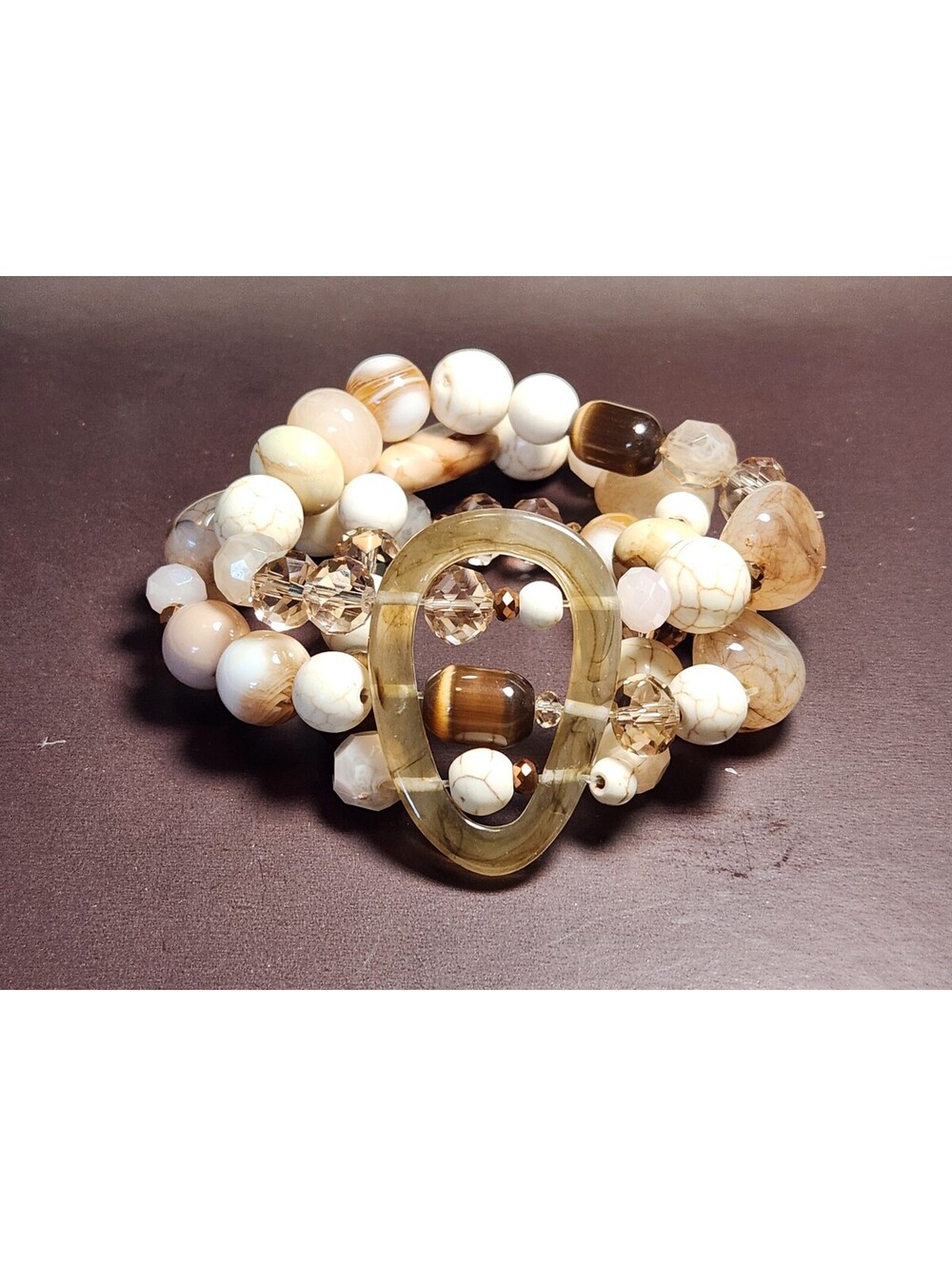 Costume Jewelry Stretch Bracelet with Beads (Ivory Tan Beige Brown Gold)